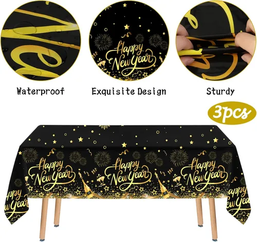 Miniatura 3 de HOWAF Paquete de 3 manteles de decoración de fiesta de Año Nuevo, mantel de feliz año nuevo negro y dorado para suministros de fiesta de Noticias