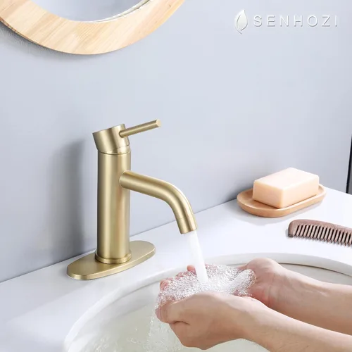 Miniatura 3 de Grifo de baño de un solo agujero dorado cepillado, grifo Senhozi para fregadero de baño, 1 orificio con placa de cubierta de 6 pulgadas, grifo