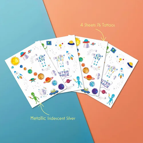 Miniatura 3 de PapaKit Outer Space - Juego de tatuajes falsos temporales, 4 hojas de 38 estilos con lámina plateada metálica, suministros de regalo de fiesta