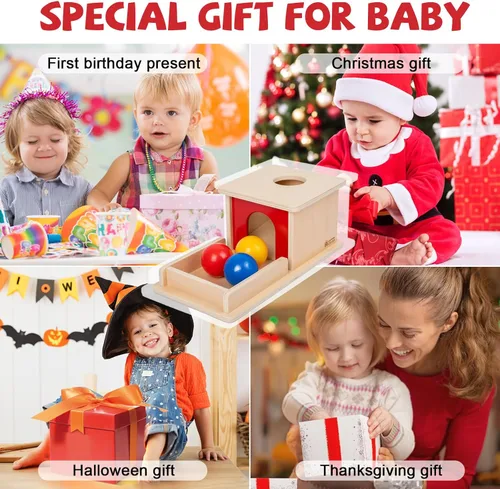 Miniatura 7 de Adena Montessori Juguete de madera para bebés de 6 a 12 meses, 3 bolas, caja de permanencia de objetos con puerta roja, juguete educativo colorido