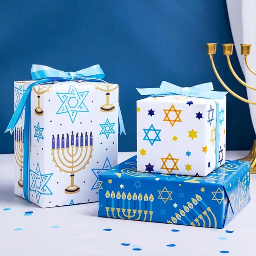Miniatura 5 de RUSPEPA Hojas de papel de regalo de Hanukkah, estrella de David, menorá, feliz Hanukkah y diseño de rayas, papel de regalo azul y dorado