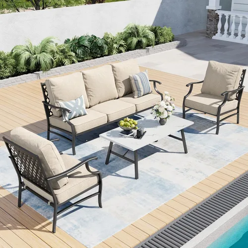 SUNSHINE VALLEY Juego de muebles de patio, 4 piezas de muebles modernos de metal para exteriores, sofá de 3 plazas, 2 sillas fijas, mesa de café y