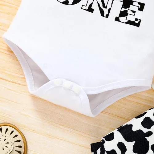 Miniatura 3 de Conjunto de ropa para bebé niña de 1er cumpleaños con mangas con volantes + pantalones cortos estampados + diadema para tartas