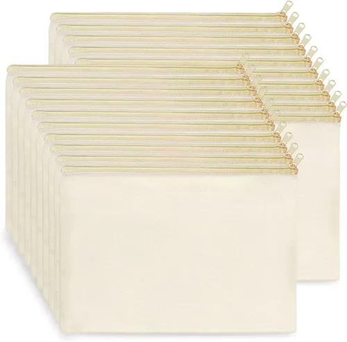 Miniatura 29 de Koolmox 20 bolsas de lona beige con cremallera negra, bolsa de artículos de tocador de lona de algodón, bolsas de cosméticos lisas a granel