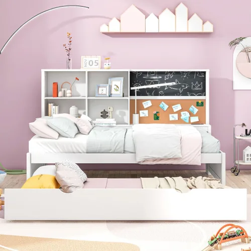 Miniatura 3 de Sofá cama de tamaño individual con nido y estantería, pizarra, tablero de corcho, sofá cama con estación de carga, puertos USB, color blanco Blanco-t