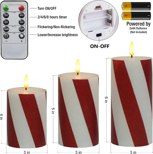 Miniatura 4 de Velas parpadeantes de Navidad sin llama con rayas rojas con purpurina, pilar de cera real, velas eléctricas LED con temporizador remoto para Rayas