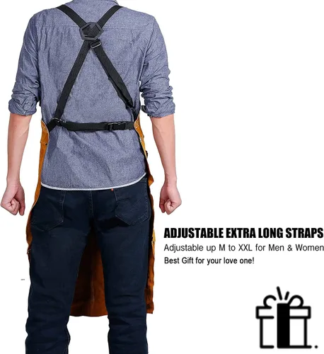 Miniatura 3 de QeeLink Delantal de soldadura de cuero con 6 bolsillos, delantal resistente al calor y al fuego, 24 x 42 pulgadas, ajustable de M a XXXL Marrón