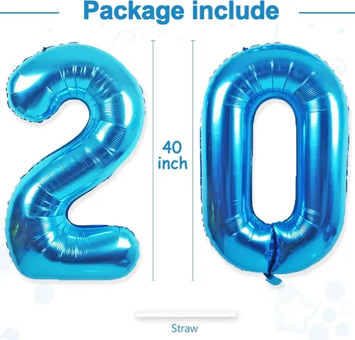 Miniatura 3 de Globos gigantes de papel aluminio azul del número 20 de 40 pulgadas, globos gigantes de helio número 20 para niños y niñas, decoraciones de azul