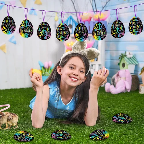 Miniatura 5 de BeYumi 60 tarjetas de rascar de huevos de Pascua para niños, kit de manualidades de color arcoíris mágico, regalo de fiesta de arte de papel, huevos