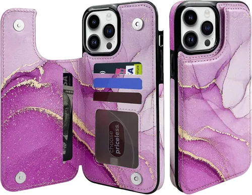 Miniatura 12 de Funda tipo cartera de piel con tapa compatible con iPhone 13 Pro Max de 6.7 pulgadas, para mujeres y niñas con tarjetero y doble cierre magnético