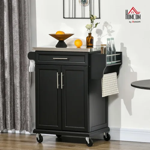 Miniatura 2 de HOMCOM Isla de cocina sobre ruedas, carrito de cocina rodante con encimera de acero inoxidable, cajón, toallero y estante de especias, carrito
