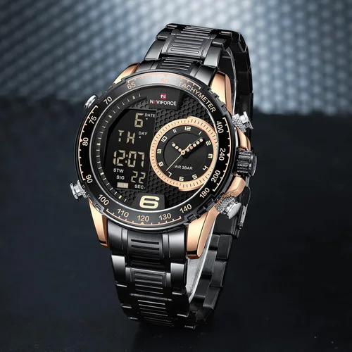 Miniatura 2 de NAVIFORCE Reloj para hombre, reloj de cuarzo digital de doble pantalla, multifuncional, de acero inoxidable