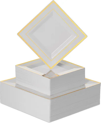 Miniatura 10 de BloominGoods 100 platos cuadrados desechables de plástico negro, paquete de 100 platos cuadrados de plástico de 6.5 y 10 pulgadas con borde dorado