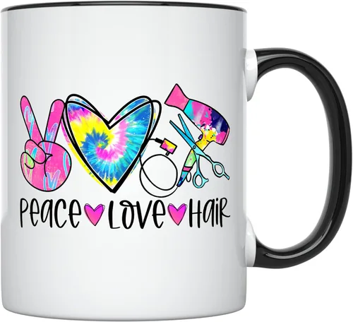 YouNique Designs Peace Love - Taza de café para estilista, 11 onzas, taza para peluquería para mujer (mango negro)