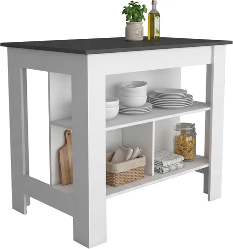 Tuhome Cala Isla de cocina con mesa antimicrobiana, tres estantes abiertos, superficie de visualización superior y estación de trabajo de asiento,