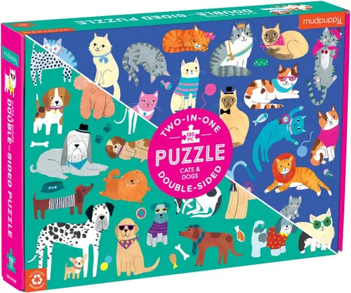Mudpuppy Rompecabezas de doble cara para gatos y perros, 100 piezas, 22 x 16.5 pulgadas, rompecabezas familiar perfecto para mayores de 6 años,
