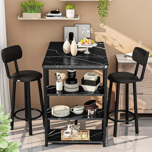 Miniatura 2 de Juego de mesa de comedor de cocina para 2, mesa de bar y sillas con 3 estantes de almacenamiento, comedor alto con 2 taburetes de respaldo de piel