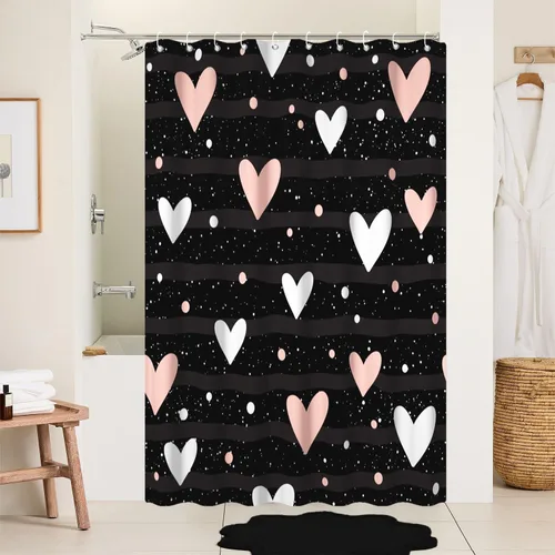 Miniatura 28 de Cortina de ducha de San Valentín para baño, 48 x 72 pulgadas, celosía, corazones de amor, impermeable, para tina, tina de caravana, rayas blancas