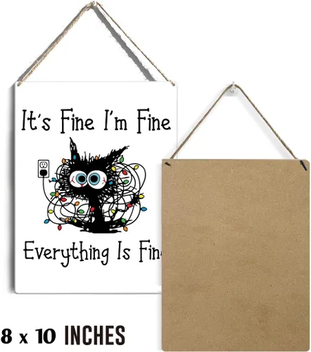 Miniatura 2 de GUDIAO Letrero colgante de madera con diseño de gato positivo "It's Fine Positive Cat", arte de pared de madera rústica para sala de estar
