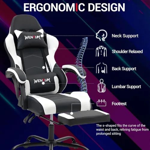Miniatura 4 de Silla de juegos con reposapiés para adultos, silla de videojuegos de piel sintética con soporte lumbar de masaje para hombres y mujeres, silla