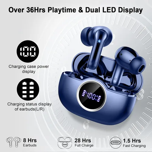 Miniatura 5 de Auriculares inalámbricos, auriculares Bluetooth 5.4 2025 3D Bass Hi-Fi estéreo de alta fidelidad, 4 micrófonos ENC con cancelación de ruido