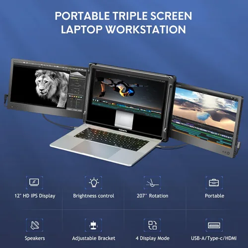 Miniatura 2 de Monitor Portátil Triple P2 para Laptop, Extensor de Pantalla de 12 Pulgadas, Extensor de Monitores Duales FHD 1080P, Pantalla IPS