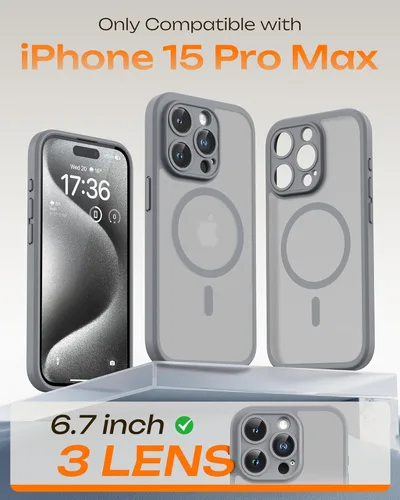 Miniatura 2 de TOCOL Funda magnética 3 en 1 para iPhone 15 Pro Max, mejorada [protección completa de la cámara] con 2 protectores de pantalla, compatible con Gris