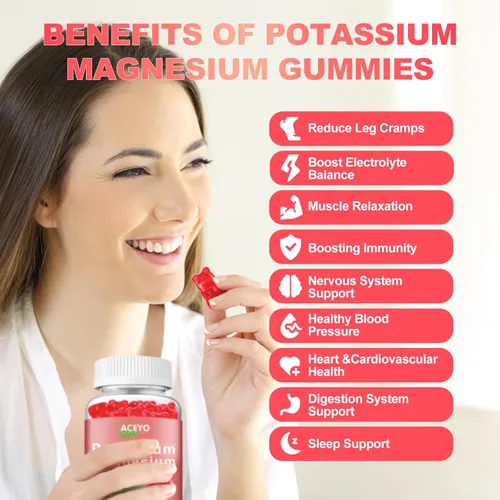 Miniatura 2 de Paquete de 2 gomitas de potasio y magnesio para adultos y niños, de alta absorción, calambres en las piernas, salud muscular y cardíaca, salud
