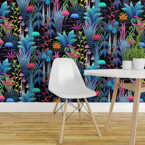 Miniatura 3 de Muestro de papel tapiz extraíble - Bioluminiscente Selva Floral Árboles Fantástico Helecho Papel pintado personalizado pre-pegado por Spoonflower