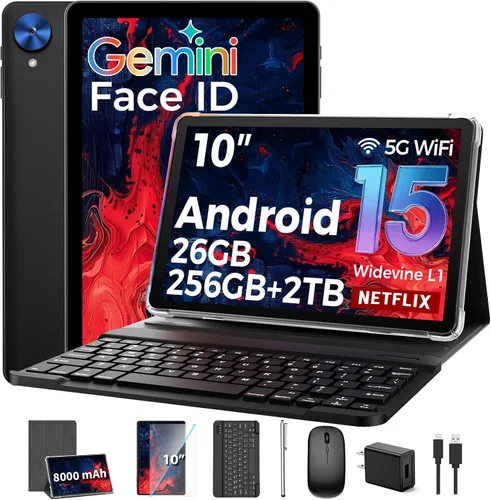 Tableta con teclado, tableta Android 15 2026 con 26GB+256GB+2TB Expand, Tablet PC de 10 pulgadas con 8 núcleos, Gemini AI, WiFi 5G, 8000mAh, BT5.0,