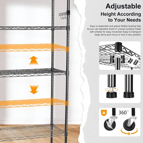 Miniatura 5 de YNN Estantes de almacenamiento, 2100 libras, estantería de metal resistente de 6 niveles con ruedas y 8 ganchos, estante de alambre ajustable