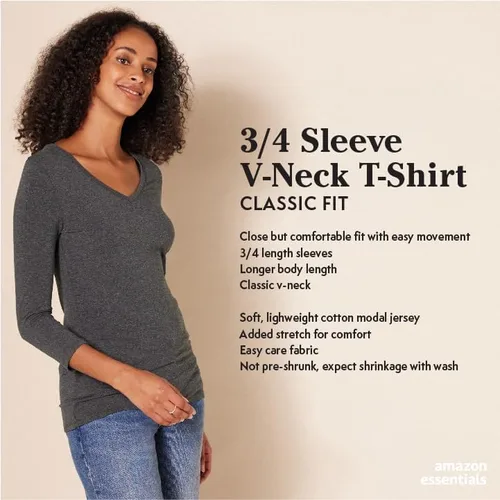 Miniatura 2 de Tienda Essentials Camiseta de manga 34 con cuello en V para mujer (disponible en tallas grandes), varios paquetes