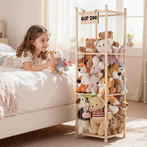 Miniatura 9 de LAMU Almacenamiento de animales de peluche, soporte de madera para animales de peluche con cordones elásticos, organizador de juguetes de ahorro