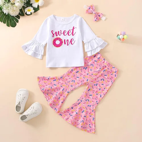 Miniatura 23 de Conjunto de ropa de cumpleaños para bebé niña pequeña, camiseta de manga larga, pantalones de campana, diadema