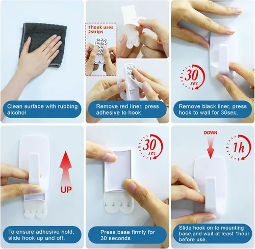 Miniatura 5 de Ganchos de pared resistentes grandes 6 piezas con 12 tiras adhesivas, gancho de pared removible para colgar, ganchos para colgar abrigos sin daños