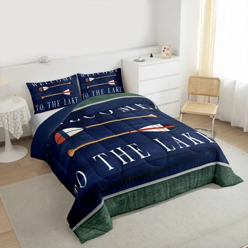 Miniatura 6 de Juego de edredón Twin de casa del lago para niños, juegos de ropa de cama retro de madera con remo para niños, adolescentes y adultos