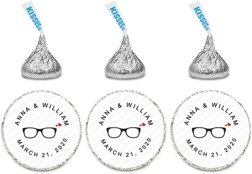 Miniatura 40 de Andaz Press Etiquetas personalizadas de gota de chocolate para boda, nombres y fecha redondos de novios, azul bebé, paquete de 240, personalizadas