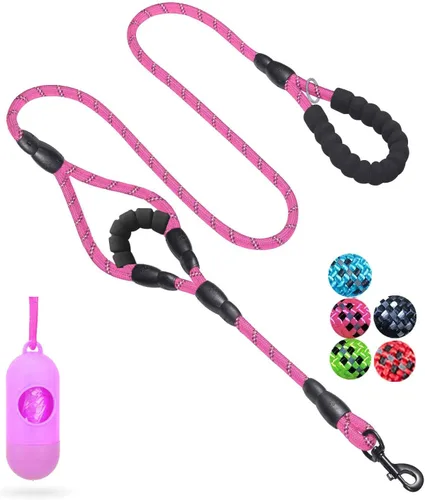 Miniatura 15 de JSXD Correa resistente de doble asa para perro, 5 pies, acolchada y reflectante, cuerda para perros pequeños a grandes (negro)