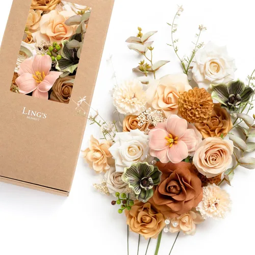Miniatura 30 de Ling's moment Caja de Flores Falsas, Tallos de Vegetación Artificial Falsa Rosas de Espuma Dalia Hortensia de Seda Peonía Flor de Tela para Centros