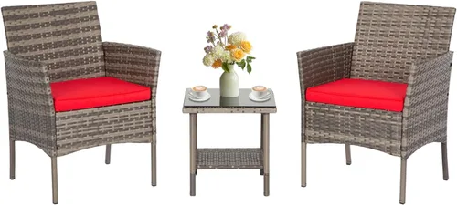 FDW Juego de muebles de exterior de 3 piezas para patio, sillas de mimbre gris, juego de conversación de bistró, 2 sillas de ratán con cojines rojos