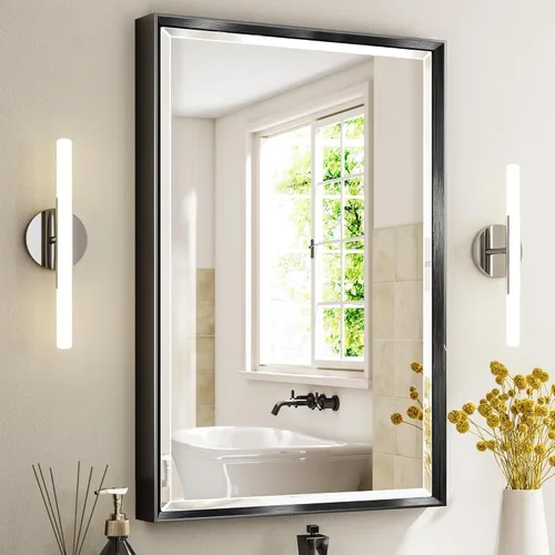 Miniatura 31 de Espejo de baño negro, espejo de baño biselado de 16 x 24 pulgadas para pared, espejo con marco negro antioxidante para decoración de baño, sala