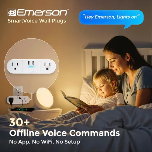 Miniatura 2 de Emerson SmartVoice - Enchufe de pared 4 en 1, tomacorriente inteligente controlado por voz con 2 salidas de CA y 2 puertos USB-A, sin WiFi, sin