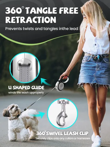 Miniatura 5 de Correa retráctil para perro con linterna LED, correa para perro 3 en 1 retráctil para perros pequeños y medianos de hasta 66 libras, 16 pies, mango