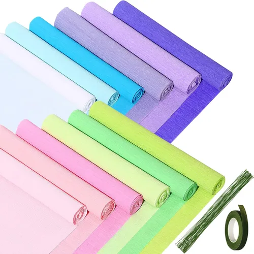 Chrisfall 12 rollos de papel crepé de 12 colores de ancho, serpentinas surtidas con alambre de tallo floral y cintas florales verdes para adornos de