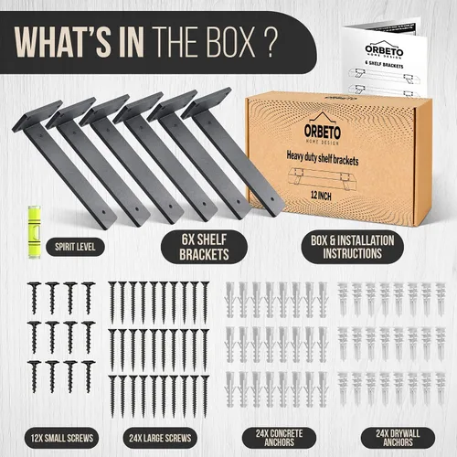 Miniatura 5 de Orbeto Paquete de 6 soportes de estante resistentes (12 pulgadas) de metal negro (0.236 in de grosor), soporta más de 160 libras, recubrimiento