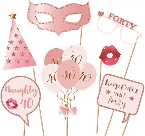 Miniatura 2 de Accesorios y letreros para cabina de fotos de fiesta de cumpleaños número 40, color oro rosa 40, kit de accesorios para selfies con palos para niñas