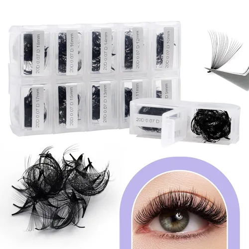 Miniatura 7 de Extensiones de pestañas postizas prefabricadas en abanico de WENDY LASHES, 1200 piezas, con volumen, rizado D, raíces cortas, base puntiaguda, 20D