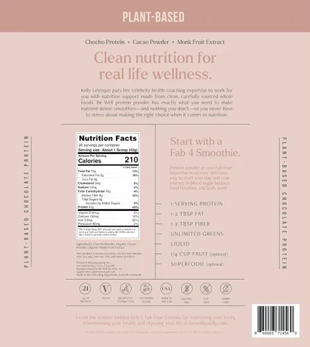 Miniatura 8 de Be Well By Kelly - Proteína en polvo a base de plantas de chocolate, vegana 0.74 oz de proteína 9G de fibra 1 NetCarb (3 ingredientes, 20 porciones)