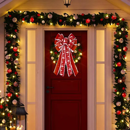 Miniatura 5 de Riceshoot 6 lazos grandes de Navidad para exteriores, 26 x 12 pulgadas, adorno para árbol de Navidad, lazo de terciopelo rojo con purpurina
