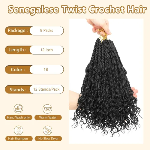 Miniatura 6 de Cabello senegalés de ganchillo con extremos rizados, 12 pulgadas, 8 paquetes de cabello bohemio de ganchillo con rizos de diosa, rizos de ganchillo